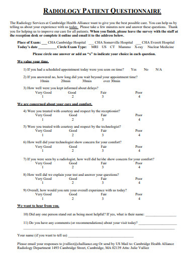 radiology patient questionnaire template