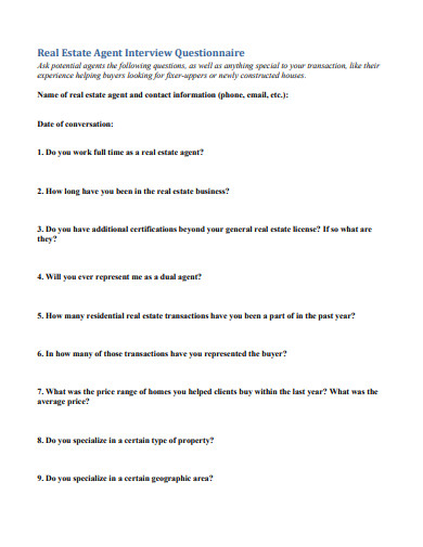 real estate agent interview questionnaire template