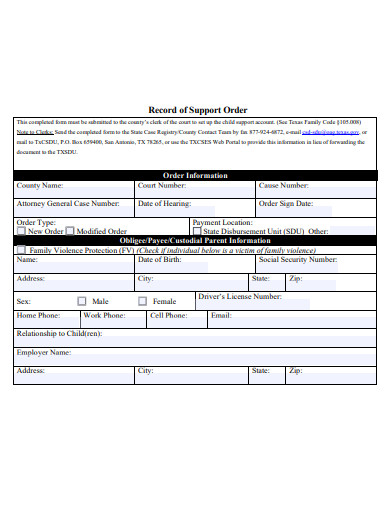 record of support order form template
