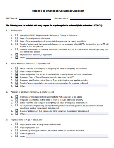 release or change in collateral checklist template