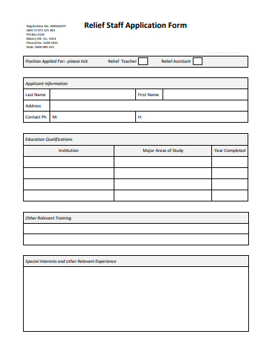 relief staff application form template