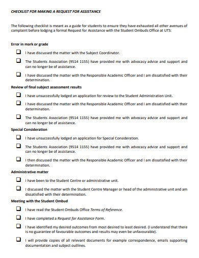 request for assistance checklist template