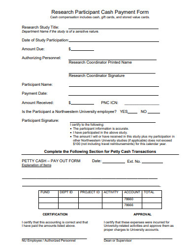 research participant cash payment form template