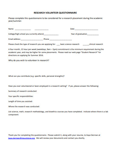 research volunteer questionnaire template