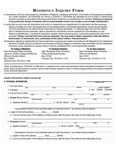 residency inquiry form template