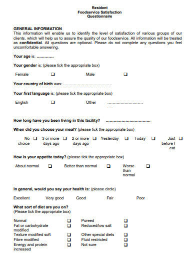 resident food service satisfaction questionnaire template