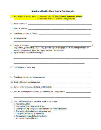 residential facility plans review questionnaire template