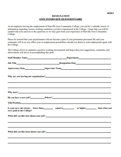 resignation exit interview questionnaire template