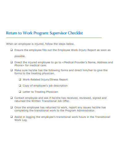 return to work program supervisor checklist template