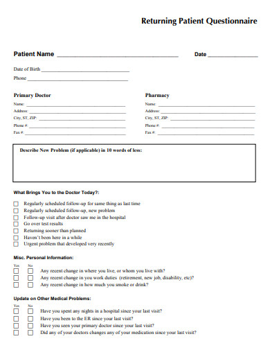 returning patient questionnaire template