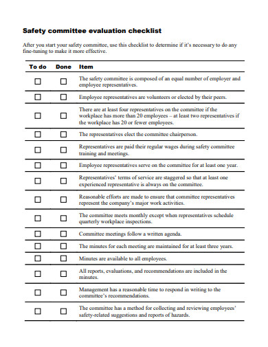 safety committee evaluation checklist template