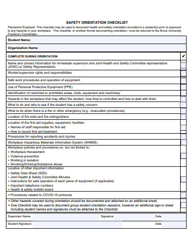 safety orientation checklist template