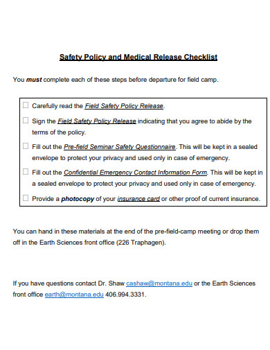safety policy and medical release checklist template