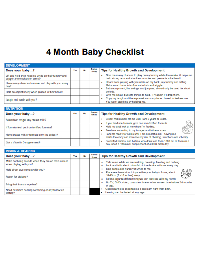 sample 4 month baby checklist template