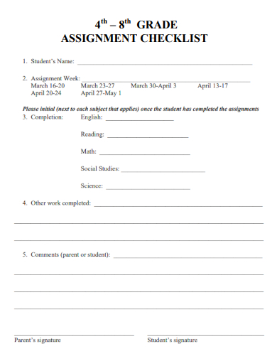 sample 4th 8th grade assignment checklist template