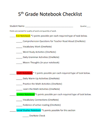 sample 5th grade notebook checklist template