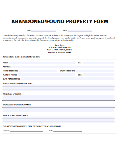 sample abandoned found property form template