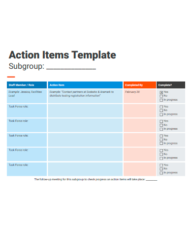 sample action items blank template