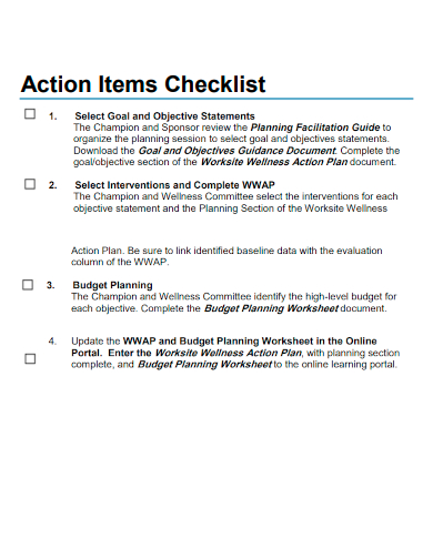 sample action items checklist template