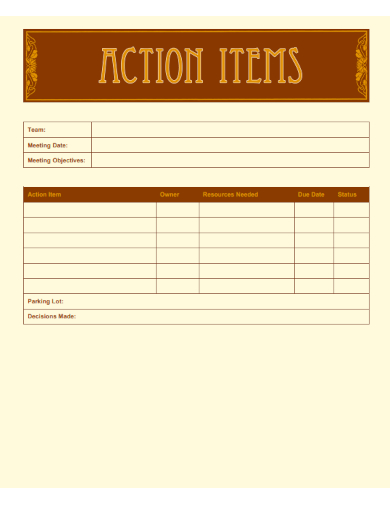 sample action items editable template