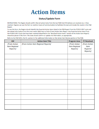sample action items form template