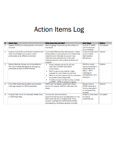 sample action items log template