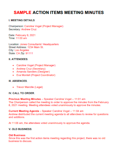 sample action items meeting minutes template