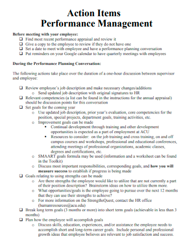 sample action items performance management template