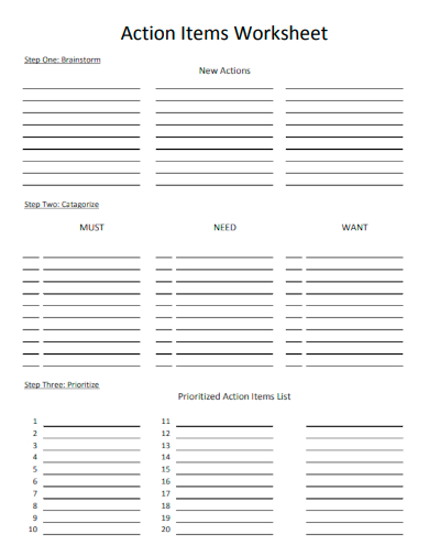 sample action items worksheet template