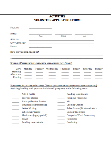 sample activities volunteer application form template