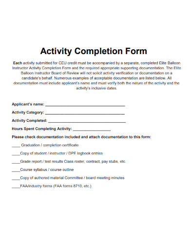 sample activity completion form template