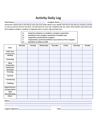 sample activity daily log form template