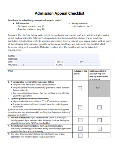 sample admission appeal checklist template