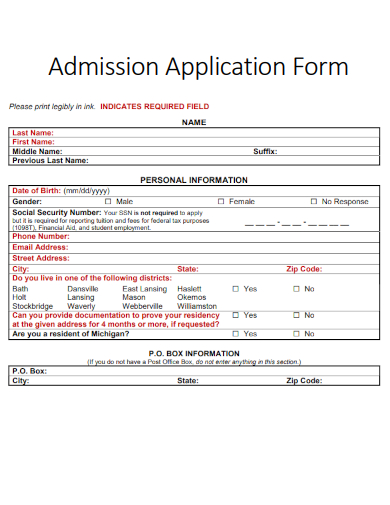 sample admission application form basic template