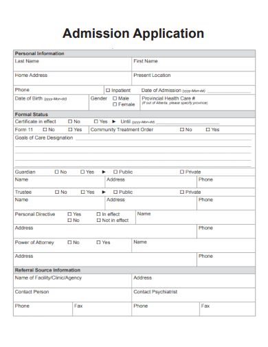 sample admission application form editable template