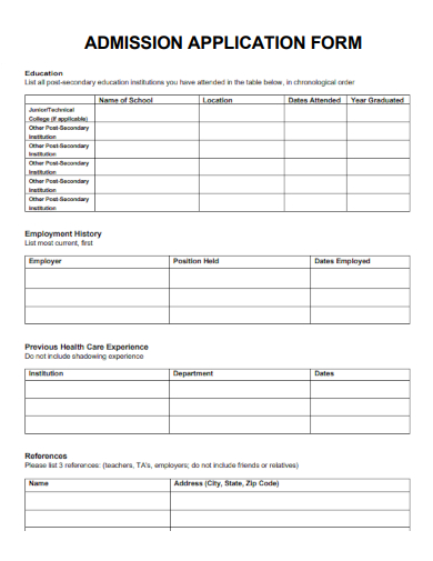 sample admission application form standard template