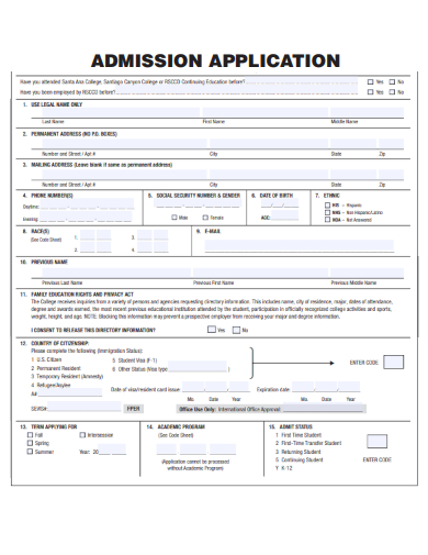 sample admission application form template