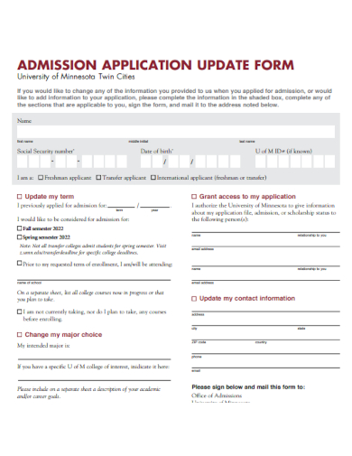 sample admission application update form template