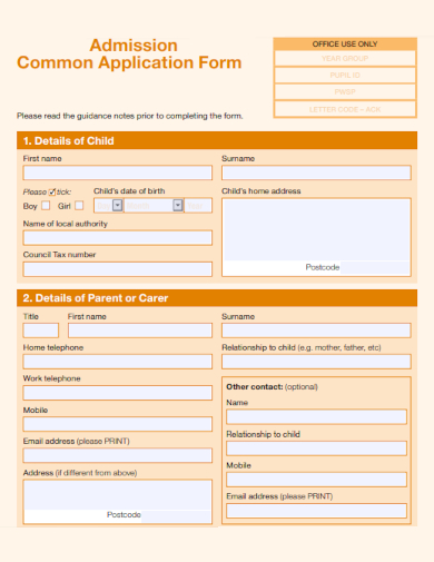 sample admission common application form template