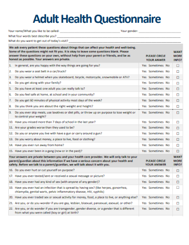 sample adult health questionnaire template