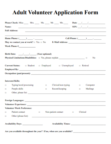 sample adult volunteer application form template
