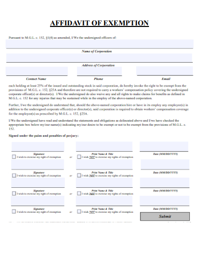 sample affidavit of exemption form template