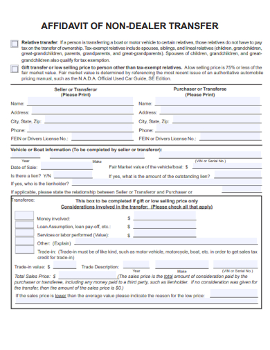sample affidavit of nondealer transfer form templates