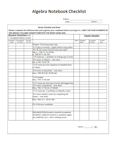sample algebra notebook checklist template
