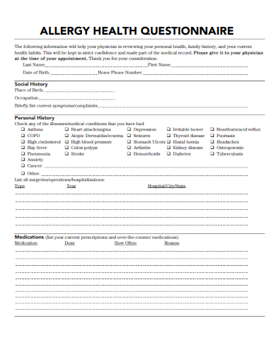 sample allergy health questionnaire template