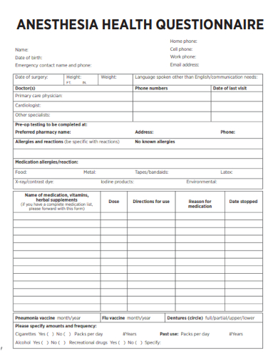 sample anesthesia health questionnaire template