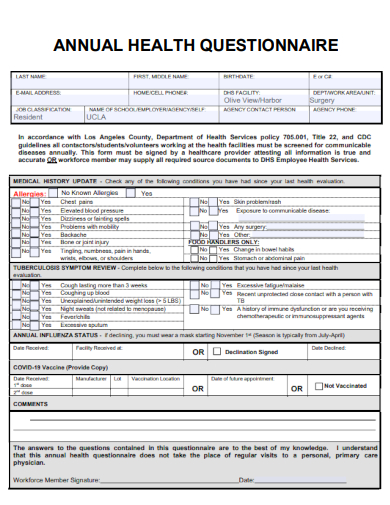 sample annual health questionnaire template