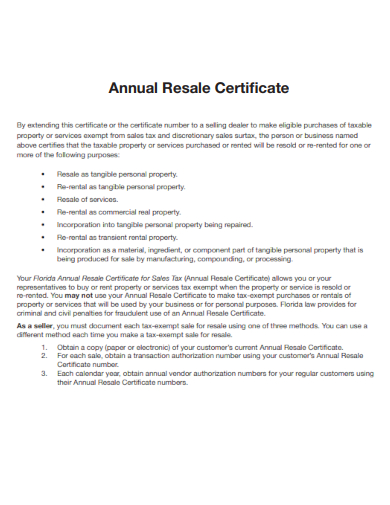 sample annual resale certificate template
