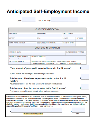 sample anticipated self employment income template