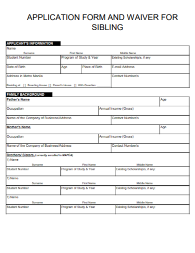 sample application form and waiver for sibling template